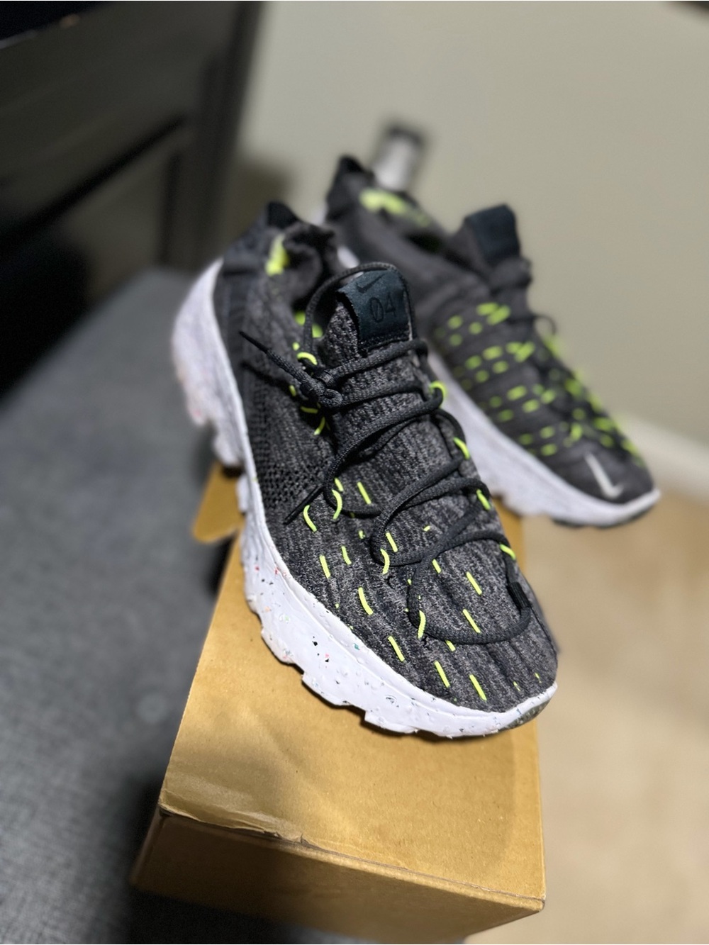 Nike Kids Dark Gray Knit Sneakers with Neon Green Stitching